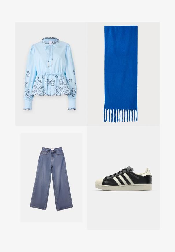 Lyseblå bluse med lange ermer, volangde hals og snor. Har dekorative blomstermønstre og knappelukking foran.; Bredde ben jeans i lys blå vask, med høy livhøyde, frontlommer og knappelukking med beltehemper.; Svarte skinnsneakers med hvite striper, gummitopp, svarte lisser og en kremfarget såle. Glatt tekstur med blank finish.; Blå frynset skjerf laget av myk stoff; har en ensfarget overflate med en teksturert overflate og jevnt klipte frynser nederst.