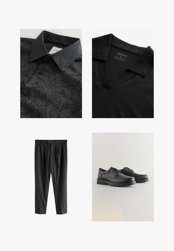 Schwarzes Hemd mit strukturiertem Muster, das florale und abstrakte Designs aufweist, einen klassischen Kragen und schwarze Knöpfe. Etikett im Kragen sichtbar.; Schwarzes Polohemd mit V-Ausschnitt und strukturiertem Stoff. Verfügt über einen umgeschlagenen Kragen und ein Etikett mit Marken- und Größeninformationen. Reguläre Passform.; Next REGULAR FIT -CHECK SMART - Chino - black; Schwarze Lederschuhe mit strukturiertem Obermaterial, runder Spitze, Schnürdesign und dicken Gummisohlen mit einem Profil.