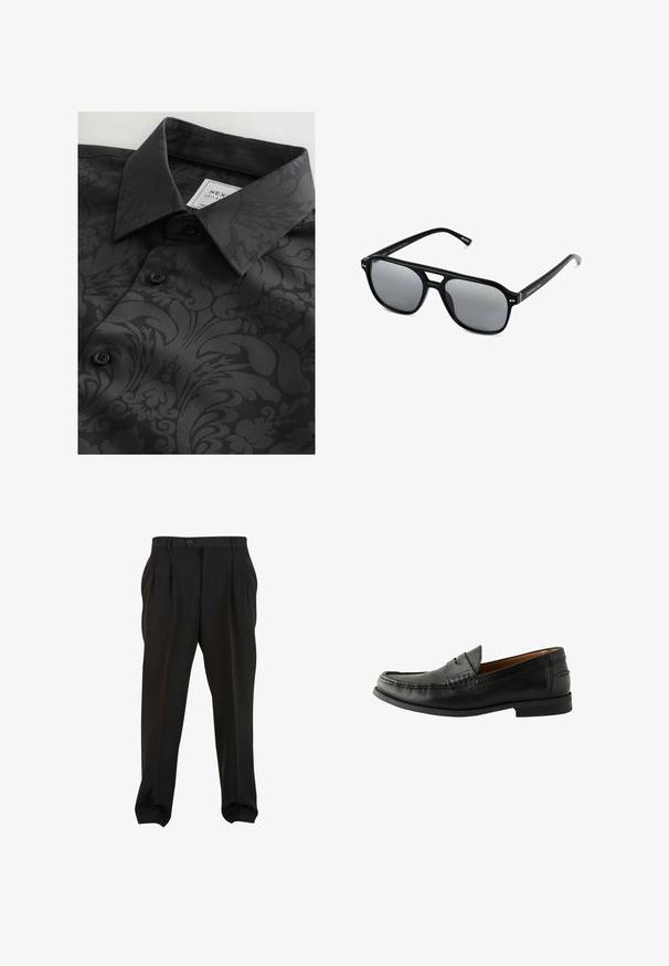 Chemise noire avec une texture à motifs présentant des designs floraux et abstraits, un col classique et des boutons noirs. Étiquette visible à l'intérieur du col.; Des débardeurs en coton blanc, design sans manches, col rond, texture unie, avec un tissu doux et léger. Deux pièces affichées.; Pantalons noirs en tissu lisse, avec des plis à l'avant, une taille à bouton et des poignets fuselés. Silhouette classique élégamment taillée.; Mocassins en cuir noir avec une finition lisse, un bout arrondi, des détails cousus à la main et une semelle en caoutchouc basse. Design classique et polyvalent.; Lunettes de soleil noires avec des montures rectangulaires, des verres teintés gris et un design avec découpes au niveau du pont. Matériau plastique lisse et brillant, avec des branches étroites.