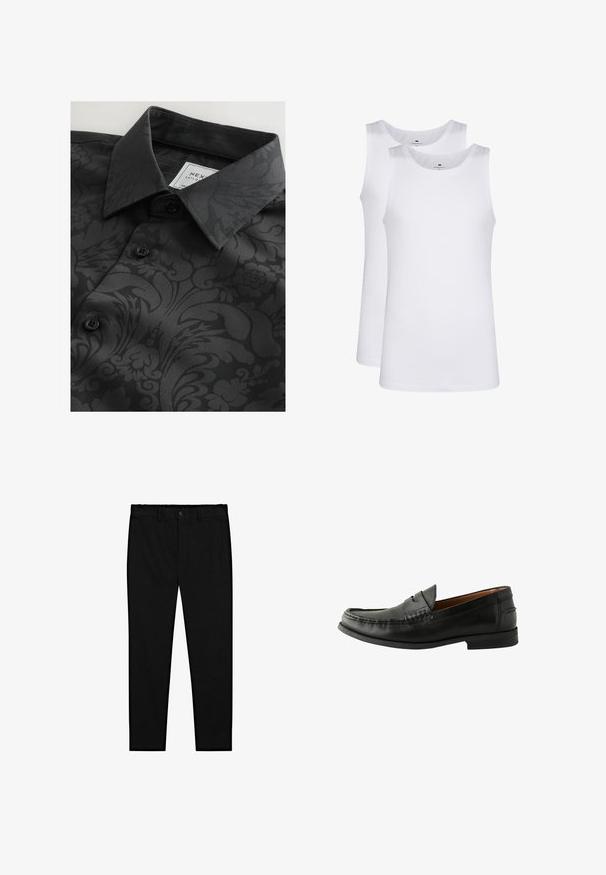 Sort skjorte med et mønstret tekstur, der har blomster- og abstrakte designs, en klassisk krave og sorte knapper. Etiketten er synlig inde i kraven.; Hvide bomulds tanktoppe, ærmeløs design, rund hals, ensartet tekstur, med et blødt, let stof. To stykker vist.; Sorte skræddersyede bukser med knaplukning, bælteholdere og slim lige ben, præsenteret på en hvid baggrund.; Sorte læder loafers med en glat overflade, rund tå, håndsyede detaljer og en lav gummisål. Klassisk og alsidigt design.
