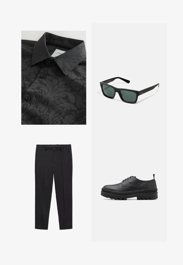 Crna majica z vzorčasto teksturo, ki vključuje cvetlične in abstraktne vzorce, klasični ovratnik in črne gumbe. Oznaka vidna znotraj ovratnika.; Črne krojene hlače iz gladkega blaga, z ravnim sprednjim delom, pasom za pas, in stranskimi žepi. Natančno krojen naravnost rez.; Črne usnjene čevlje z zaobljenim nosom, zasnovo s vezalkami in masivnim gumijastim podplatom. Imajo zanko na peti in teksturirane detajle.; Črne pravokotne sončne očala z zelenimi lečami, z mat površino, ravnimi nosilci in logotipom Ray-Ban na strani.
