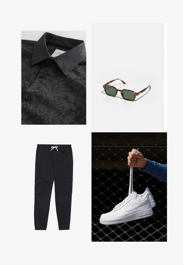 Melns krekls ar rakstainu tekstūru, kas satur ziedu un abstraktas formas, klasiskā apkaklīte un melni pogas. Etiķete redzama apkakles iekšpusē.; Melnas kokvilnas kravas bikses ar elastīgu jostu un auklu, sānu kabatām un papildus sašaurinātiem piedurknēm.; Baltas ādas sporta apavi ar perforācijām, apaļu purngali, plakanu zoli un biezām šņorēm, ar redzamu swoosh logo un vārdu "AIR" uz papēža.; Tortoiseshell saulesbrilles ar zaļu stiklu, ar astoņstūru formu un plānām, izliekamām kājām. Materiāls ar spīdīgu apdari.