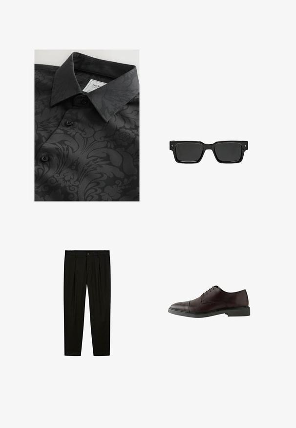 Zwarte shirt met een patroontextuur met bloem- en abstracte ontwerpen, een klassieke kraag en zwarte knopen. Etiket zichtbaar binnenin de kraag.; Zwarte op maat gemaakte broeken van soepel materiaal. Kenmerken zijn een platte voorkant, brede pijpen en een knoopsluiting bij de taille.; Donker bordeaux leren veterschoen met een ronde neus, platte zwarte zool, minimale stikdetails en een gladde textuur.; Zwarte rechthoekige zonnebril met donkere glazen, glanzend plastic montuur en kleine handtekeningaccenten op de pootjes. Platte profiel en scherpe hoeken.