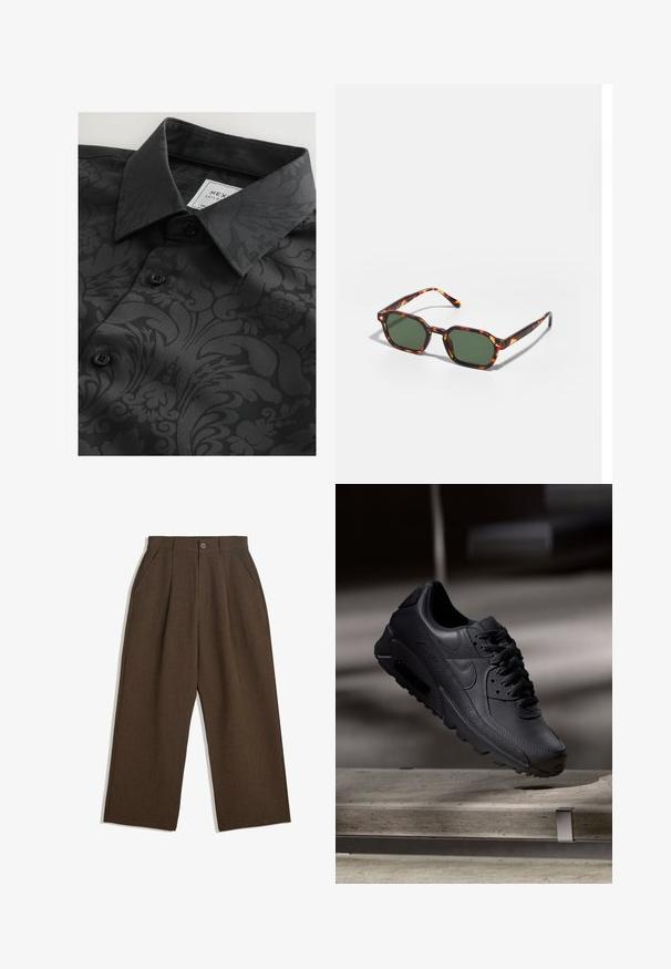 Crna majica z vzorčasto teksturo, ki vključuje cvetlične in abstraktne vzorce, klasični ovratnik in črne gumbe. Oznaka vidna znotraj ovratnika.; Svetlo rjave plisirane hlače širokega kroja, z gumbom za zapiranje in stranskimi žepi, izdelane iz teksturirane tkanine, primerne za vsakodnevno nošenje.; Črne Nike Air Max teniske z teksturirano usnjeno zgornjimi deli, gumijastim podplatom in izstopajočim sistemom vezalk, ki predstavljajo eleganten, sodoben dizajn.; Očalna okvir iz želvje školjke z zelenimi lečami, ki ima osemkotno obliko in tanke, zakrivljene ročke. Material ima sijajno površino.