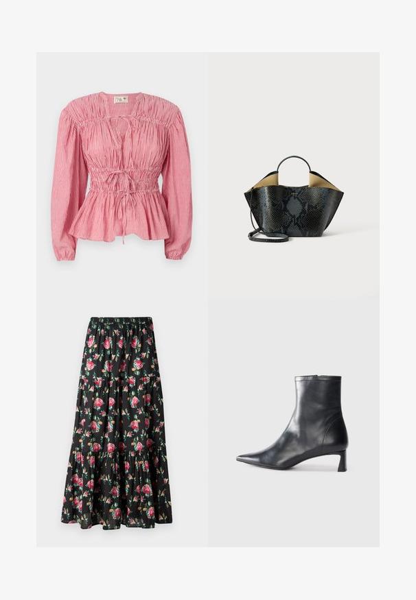 Czerwona i biała bluzka w paski z długimi rękawami, marszczoną wstawką i regulowanym sznurkiem w talii, z falbaną na dole.; Długa czarna spódnica z sekcyjnym wzorem, ozdobiona kwiatowym motywem różowych róż i zielonych liści, wykonana z lekkiego materiału. Elastyczny pas.; Czarne skórzane botki sięgające kostki z ostrym noskiem i eleganckim designem. Posiadają niski obcas oraz zamek błyskawiczny z tyłu. Gładka faktura.; Torebka w czarno-szary wzór węża, o sztywnej konstrukcji, z podwójnymi uchwytami i regulowanym paskiem na ramię. Wewnątrz beżowa podszewka.
