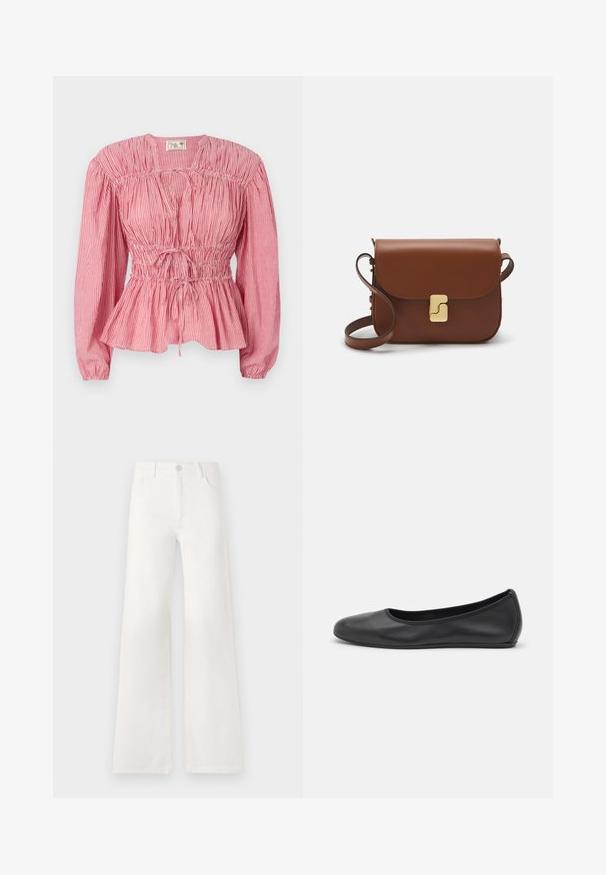 Red and white striped blouse with long sleeves, gathered bodice, and adjustable drawstring at the waist, featuring a peplum hem.; White, high-waisted wide-leg jeans made of denim. Features a button closure, two front pockets, and side seams with stitching details.; Black leather ballet flat with a rounded toe, smooth texture, minimal stitching detail, and a flexible sole design.; Brown leather handbag with a flap closure, gold-tone hardware, a shoulder strap, and a smooth texture. Compact rectangular shape.
