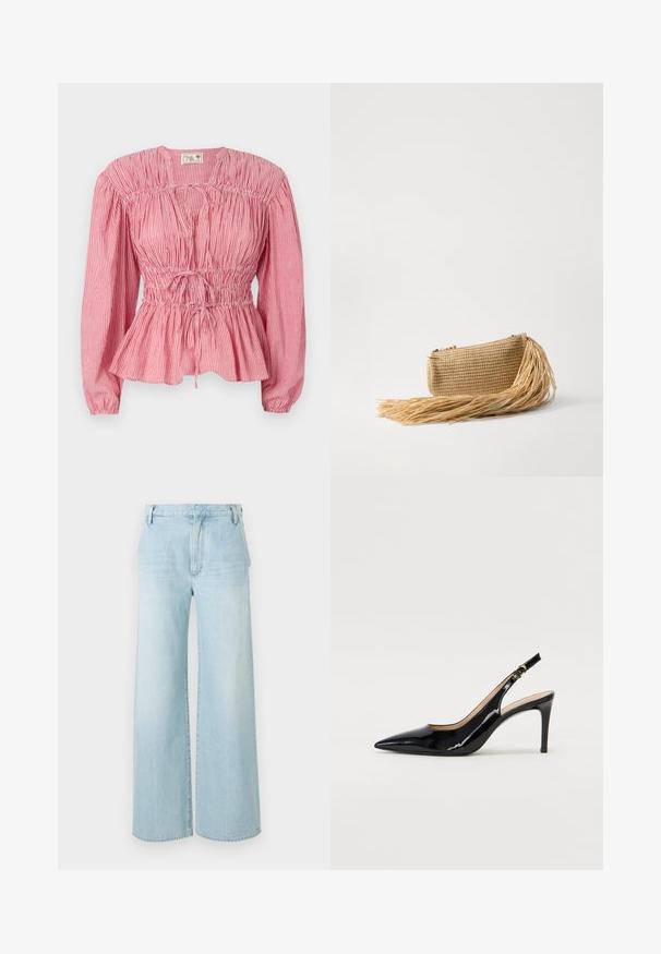 Bluzica s crvenim i bijelim prugama, dugim rukavima, nabranim tijelom i podesivom vezicom u struku, s peplum rubom.; Svijetloplave široke traperice od denima. Imaju visoki struk, dizajn s pet džepova i suptilno izbjeljivanje s čistim rubovima.; Crne lakirane slingback cipele s oštrim vrhom, uskim potpeticama i suptilnim izrezom. Sadrže zlatnu kopču na traku.; Cult Gaia VIERA - Ručna torbica - natural