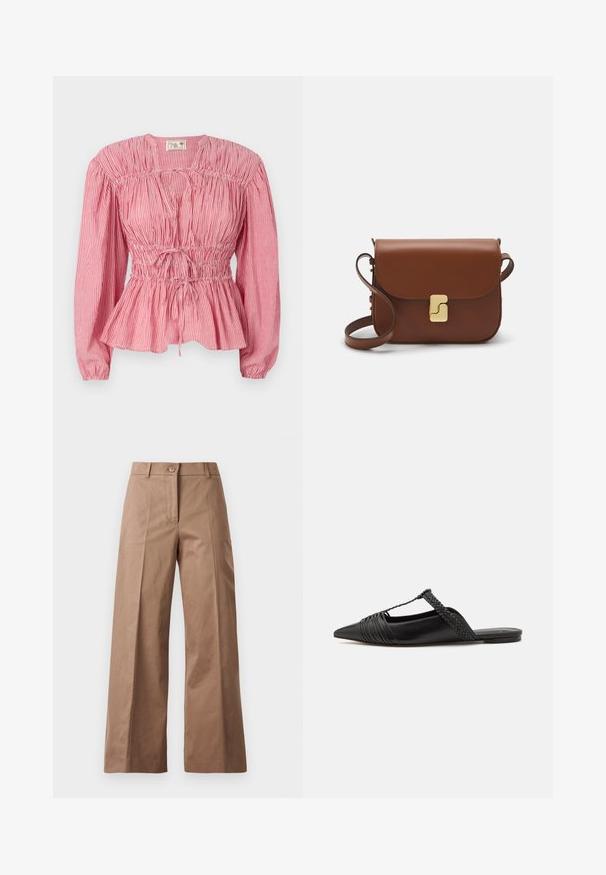 Rød og hvidstribet bluse med lange ærmer, samlet liv og justerbar snor i taljen, med en peplum-søm.; Brune bredde bukser lavet af et glat stof, med en frontknaplukning, to frontlommer og rene, skræddersyede linjer.; Sort læderslyngeback sko med spids tå, der har en vævet detalje og en plisseret overdel. Flad sål med minimal hardware.; Brun læder håndtaske med flaplukning, hardware i gyldent tone, en skulderrem og en glat overflade. Kompakt rektangulær form.