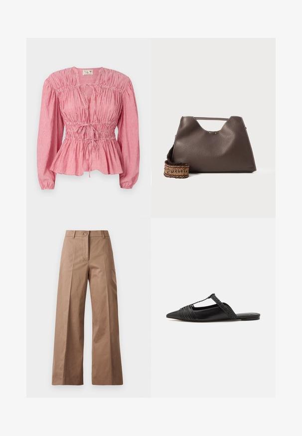 Sarkana un balta svītrainā blūze ar garām piedurknēm, savilktu krūšu daļu un regulējamu auklu jostasvietā, ar pepluma maliņu.; Brūni platajās kājas bikses, izgatavotas no gludas auduma, ar priekšējo pogu aizdari, divām priekšējām kabatām un tīrām, pielāgotām līnijām.; Melnas ādas slingback kurpes ar norādītu purngali, kurām ir austoša akcenta un krokota augšdaļa. Plakana zole ar minimālu aparatūru.; Brūna ādas rokassoma ar strukturētu apdari, leņķīgu dizainu un izteiksmīgu augšējo rokturi. Iespējamā rakstaina austā siksna.