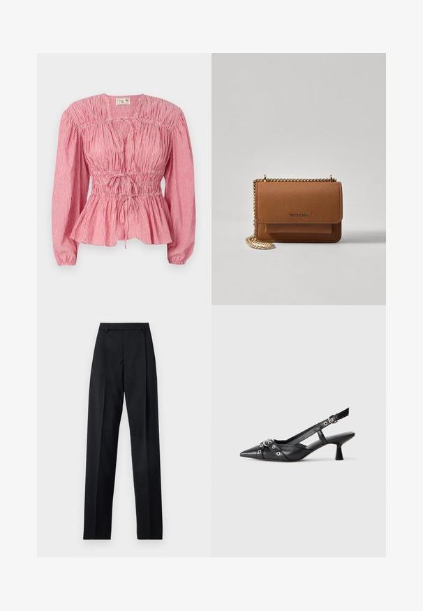 Blusa às riscas vermelha e branca com mangas longas, corpete franzido e cordão ajustável na cintura, apresentando uma bainha peplum.; Calças pretas feitas de um tecido suave, com uma cintura alta, pernas largas, pregas frontais e passadores de cinto clássicos. Não há bolsos laterais visíveis.; Sapato slingback em couro preto com biqueira fina, tiras decorativas com ilhós de metal e um pequeno salto quadrado. Superfície texturizada.; Bolsa crossbody de couro texturizado castanho com alça de corrente dourada e fecho com aba. A parte da frente apresenta detalhe do logótipo e um bolso sob a aba.