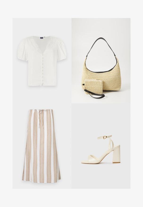 Fehér puff-szárú blúz mély V-nyakkal és csipke díszítéssel. Elöl egy sor kis gomb található. Könnyű szövetből készült.; Csíkos szoknya fehér és világosbarna színekben, húzózsinóros derékkal és hosszú, bájos ráncolással. Könnyű anyagból készült, laza szabással.; Krém színű, nyitott orrú magassarkú szandál vastag blokk sarokkal, vékony boka pánttal és enyhe fényes felülettel. Csat dísz a pánton.; Fonott szalmakézi táska ívelt sziluettel, sima fekete bőrszíjjal és egy hozzá illő, csuklószíjjal rögzített kis tasakkal.