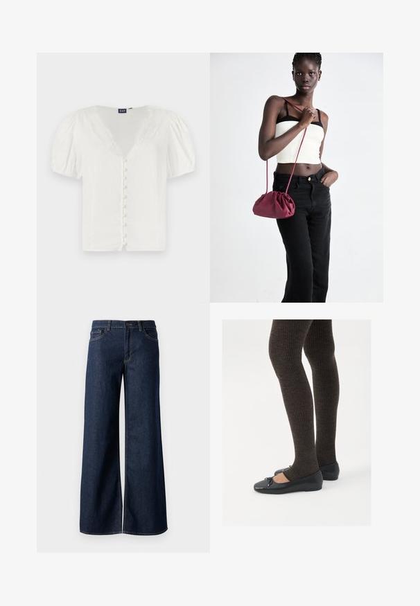 Fehér puff-szárú blúz mély V-nyakkal és csipke díszítéssel. Elöl egy sor kis gomb található. Könnyű szövetből készült.; Sötét kék farmer széles lábú nadrág. Kontrasztos varrással, öt zsebhálóval és gombos derékzárással rendelkezik. Simás textúra.; Fekete lapos cipők kis masni díszítéssel az orrán, sötétbarna bordázott harisnyával párosítva. A cipők sima textúrával és alacsony profilúak.; Burgundy puha anyagú kézitáska, ráncolt dizájnnal és hosszú pánttal, keresztben hordva. A modellen fehér rövid top és fekete farmer van.
