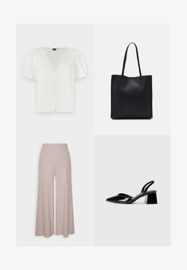 Valge puhv-sleeve pluus, millel on sügav V-kaelus ja pitsist äär. Esiosas rida väikeseid nuppe. Valmistatud kerge kangaga.; Heledad hallharged püksid, mis on valmistatud pehmest, soonilisest kangast, kõrge vöökoht ja täispikkade jalgadega, millel on õrn tekstuur.; Mustad musta lakknahk kingad, millel on terav varvas ja geomeetriline plokkkonts. Omab elegantselt minimalistlikku disaini ja sujuvat tekstuuri.; Mustast nahast kott sujuva tekstuuriga, ristkülikukujuline ja kahe pika sangaga. Pole nähtavat riistvara ega kaunistusi.