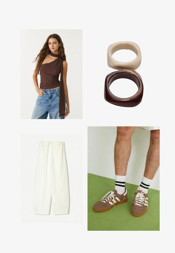 Brązowy bezrękawnik z drapowanym dekoltem i długim wiązaniem. Charakteryzuje się dopasowanym krojem, miękką teksturą i zbieranym wzorem, w połączeniu z niebieskimi dżinsami.; Szerokie spodnie w miękkim kremowym materiale, z gładką teksturą, przednimi kieszeniami oraz luźnym krojem z średnim stanem.; Brązowe zamszowe sneakersy z białymi akcentami i sznurówkami. Gumowa, brązowa podeszwa. Noszone z białymi skarpetkami w czarne paski. Zielona teksturowana podłoga.; Stradivarius SET ciemnobrązowy