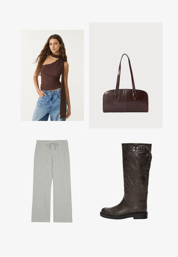 Brown, sleeveless top with a draped neckline and long tie. Features a fitted silhouette, soft texture, and gathered design, paired with blue jeans.; Light gray sweatpants made of soft, textured fabric with a drawstring waistband and side pockets; wide, relaxed fit.; Brown leather knee-high boot with a textured finish, featuring a buckle and snap accents on the side, and a flat rubber sole.; Brown leather handbag with two long handles, a structured rectangular shape, smooth texture, and rounded edges. Features accent details at the handles.