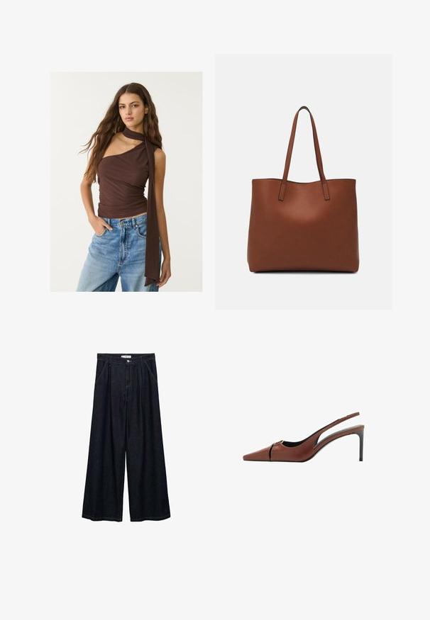 Braunes ärmelloses Oberteil mit gerafftem Ausschnitt und langen Bändern. Verfügt über eine figurbetonte Silhouette, weiche Textur und Raffung, kombiniert mit blauen Jeans.; Dunkelblaue, weite High-Waist-Hosen aus Denim mit einem Knopfverschluss vorne, zwei Seitentaschen und Nähdetails.; Braune Leder Slingback-Pumps mit spitzer Zehe, Ausschnittdetail am Vorderblatt und elegantem Stiletto-Absatz. Glatte Textur.; Braune Leder-Tote mit glatter Textur, offenem Oberteil und zwei Schulterriemen. Verfügt über minimale Nähte und keine sichtbaren Beschläge.