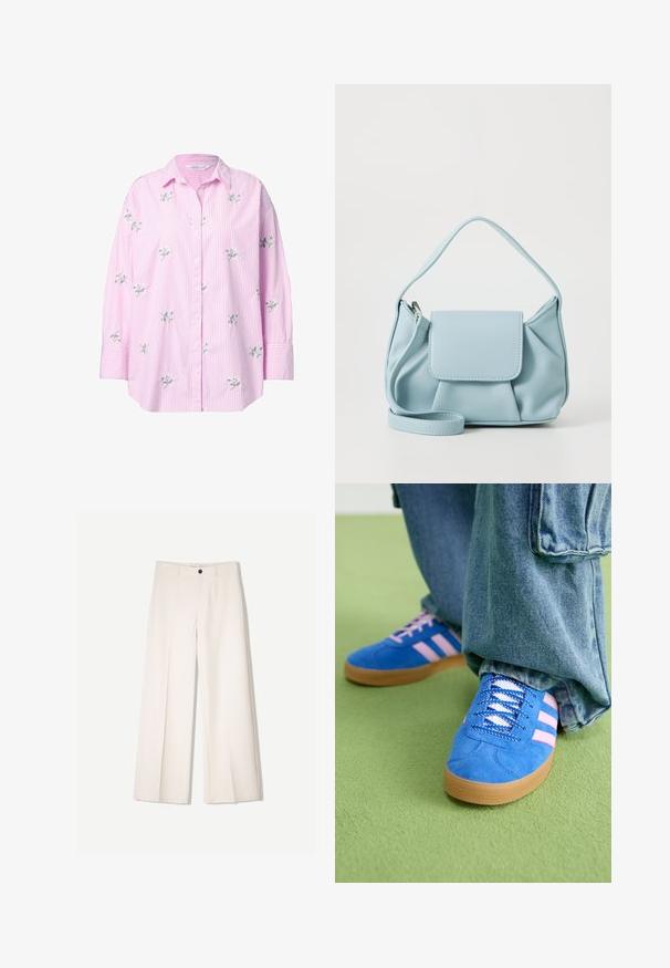 Vaaleanpunainen raidallinen nappipaita, jossa on kukkakirjontaa, rento malli ja käärityt hihat. Materiaali vaikuttaa kevyeltä ja sileältä.; Kerman leveletut housut räätälöidyllä designilla, joissa on kaksi etutaskua ja yksi etunapituksilla, valmistettu sileästä kankaasta.; Siniset mokkakengät, joissa on vaaleanpunaiset raidat ja valkoiset nauhat, kumipohjalla, yhdistettyinä löysiin denimgyneihin vihreällä pinnalla.; Vaaleansininen nahkakäsilaukku, jossa on yläkahva, etutasku kannella ja irrotettava rannetuki valkoista taustaa vasten.