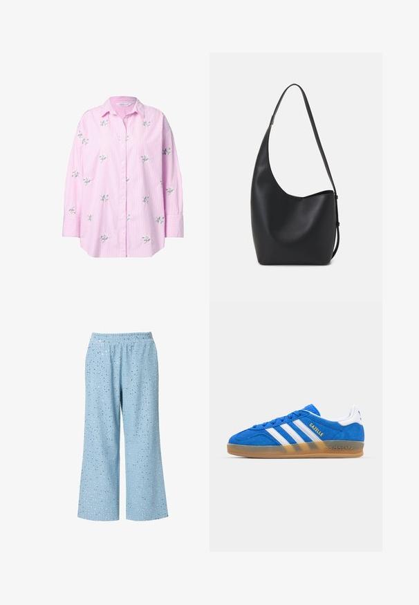 Roze gestreepte button-up shirt met bloem borduurwerk, met een ontspannen pasvorm en opgerolde mouwen. Materiaal lijkt lichtgewicht met een gladde textuur.; Lichtblauwe wijde broek met een elastische tailleband, voorzien van een textuur die is versierd met verspreide metalen accenten.; Blauwe suède sneakers met witte strepen en het woord "Gazelle". Beschikt over een gumrubberen zool en textuuraccenten op de bovenkant. Klassiek ontwerp.; Zwarte leren hobo tas met een gladde textuur, kromme vorm en een enkele verstelbare schouderband; heeft een brede opening aan de bovenkant.