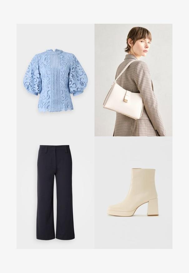 Šviesiai mėlynas nėrinių bluzonas su sudėtingais gėlių raštais, pūstomis rankovėmis, banguotais kraštais ir centriniu vertikaliu dizaino akcentu.; Plati kelnės tamsiai mėlynos spalvos audinio. Yra lygus priekinis dizainas, dirželių kilpelės ir šoninės kišenės. Medžiaga yra lygi su lengvu elastingumu.; Smėlio spalvos odiniai aulinukai su blokuotu kulnu ir platforma, lygiu paviršiumi ir šiek tiek kvadratiniu nosiu, pasukti kairėn ant balto fono.; Balto odos rankinė su struktūrizuotu dizainu, turinti magnetinį užsegimą ir petnešą, demonstruojama prieš neutralią foną.