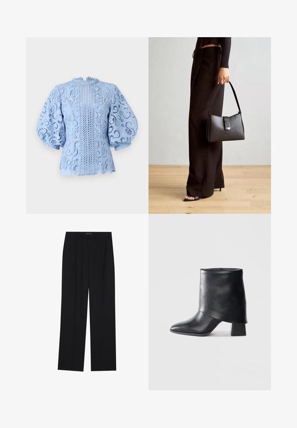 Lyseblå blondebluse med indviklede blomster mønstre, pufærmer, bølgede kanter og en central vertikal designdetalje.; Sorte bukser med en lige ben-design, der har to forlommer og en talje. Lavet af et glat, let stof.; Sort læder ankelstøvle med spids tå, glat tekstur og en struktureret blokhæl. Har et højt, foldet kravedesign.; Sort håndtaske med struktureret form, glat overflade og metalspænde. Sammen med brede sorte bukser og sandaler med åben tå på trægulv.