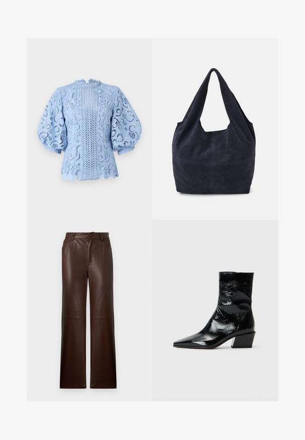 Blusa de encaje azul claro con intrincados patrones florales, mangas abullonadas, bordes festoneados y un detalle de diseño vertical central.; Pantalones de piel marrón de pierna ancha con una textura suave, pasadores para cinturón, bolsillos frontales y un detalle de cierre de botón en la cintura.; Botas de tobillo negras de charol con punta afilada, acabado texturizado y un tacón grueso. Diseño elegante con una superficie suave y brillante.; Bolso de ante azul marino con un diseño relajado, correas de hombro anchas y detalle de costura visible en el cuerpo.