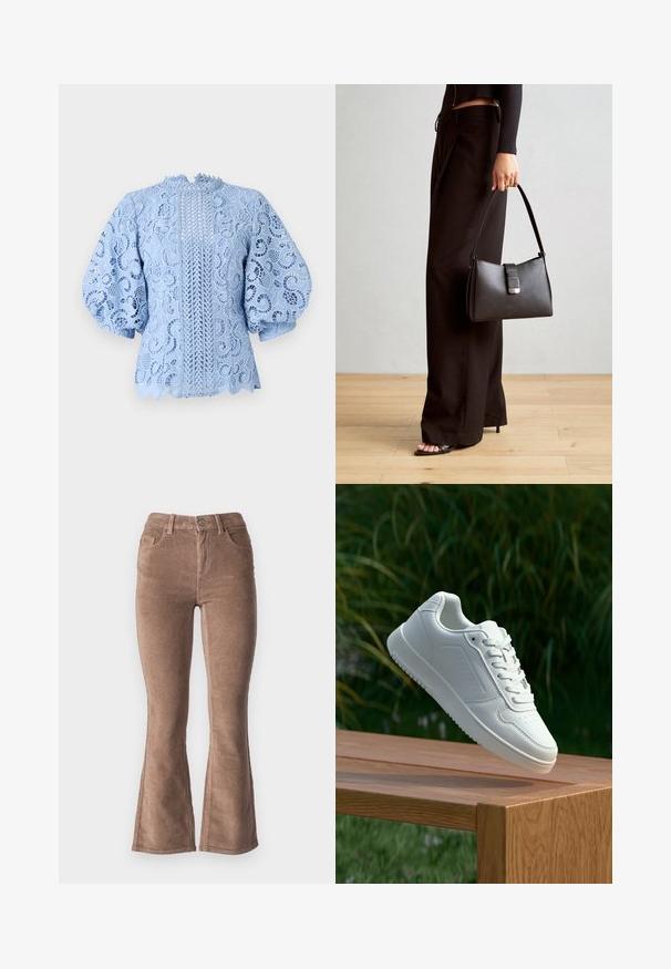 Blusa di pizzo azzurro chiaro con intricati motivi floreali, maniche a sbuffo, bordi scallop e un dettaglio di design verticale centrale.; Pantaloni a zampa d'elefante in corduroy marrone con una texture a coste, dotati di vita alta, cinque tasche e chiusura con bottone frontale.; Sneaker bianco con tomaia in sintetico liscio, punta perforata, lacci piatti e suola testurizzata, esposto su una superficie di legno.; Borsa nera con forma strutturata, texture liscia e una chiusura metallica. Abbinata a pantaloni neri larghi e sandali open-toe su un pavimento in legno.
