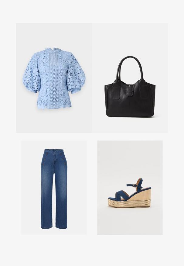 Hele helesinine pitsbluus, millel on keerukad lillemustrid, puffse varrukad, lainelised ääred ja keskel vertikaalne kujunduse detail.; Keskmise sinise värviga kõrge vöökohaga teksad. Omavad esipoolsete nööbiefekte ja laia jala disaini. Kanga tekstuur on sile ja kerge kulumisega.; Tumesinine klotsmanisaapad ristatud rihmadega, tekstureeritud looduslikust kiust platvorm ja kuldne metallist aktsent põhjas.; Mustgamma nahast kott, millel on sile tekstuur, struktureeritud kuju, kaks käepidet ja esiküljel silmapaistev hõbedane pandla detail.