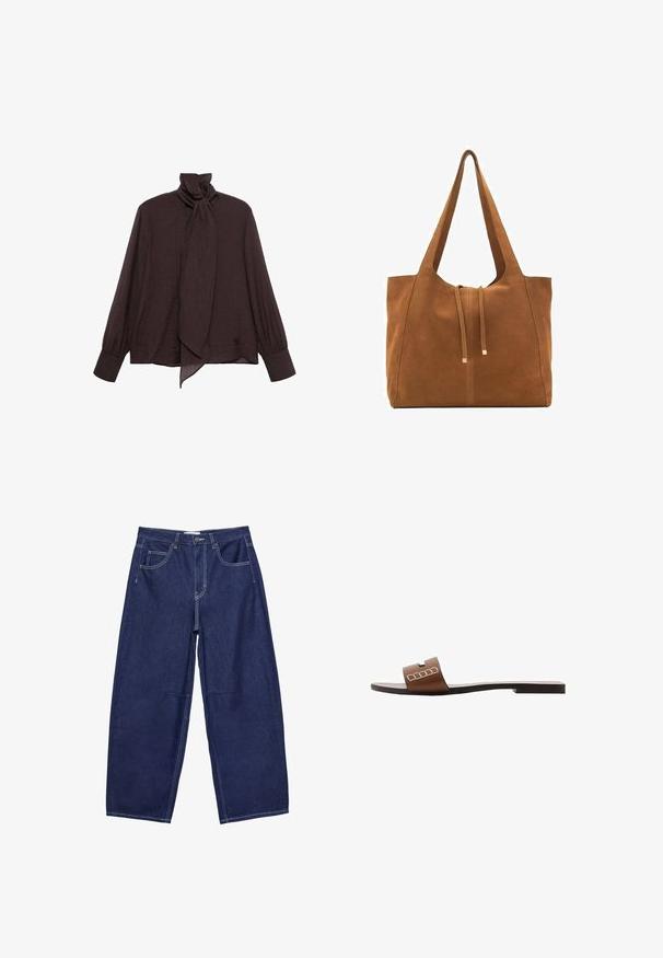 Langetermijnblouse van donkerbruin gekreukt stof. Heeft een hoge kraag met een strikdetail en manchetrokken mouwen. Gladd, lichtgewicht textuur.; Donkerblauwe denim wijde been broek met een hoge taille, vijf zakken en contrasterende witte stiksels. Gladde textuur, klassiek ontwerp.; Bruine leren slip-on sandalen met een platte zool, voorzien van een brede band en witte geometrische accenten voor een minimalistisch ontwerp.; Bruine suède schoudertas met twee lange hengsels, trekkoordsluiting en minimalistisch ontwerp. Gladde textuur en geen zichtbare hardware-accenten.