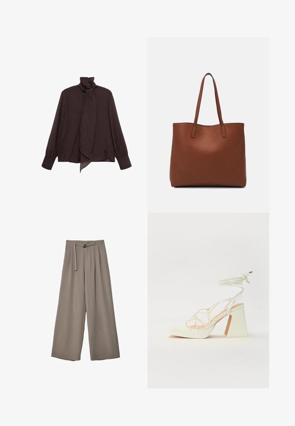 Pitkähihainen paita tummanruskeasta rypistyneestä kankaasta. Ominaisuuksia korkea kaulus, jossa on solmiyksityiskohta, ja napitettavat hihat. Sileä, kevyt rakenne.; Suurille lahkeille housuille pehmeässä, hillityssä harmaassa kankaassa, jossa on vyötäröllä vyö ja lisää muotoilun yksityiskohtia kuploissa. Sileä rakenne, ei kuvioita.; Valkoinen korkokenkä, jossa on paksu korko, ja joka sisältää nauhakiinnityksen ja nilkkaketjun. Sujuva pinta, jossa on platform-etupohja lisäkorkeutta varten.; Ruskea nahkainen olkalaukku, jossa on sileä pinta, avoin yläosa ja kaksi olkahihnaa. Omaavat vain minimaalisen ompelun eikä näkyvää metalliosaa.