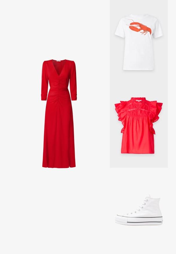 Top in cotone rosso con maniche corte a volant, scollatura rotonda e texture arricciata. Presenta dettagli ricamati lungo la parte anteriore.; T-shirt bianca in cotone con una grande grafica di aragosta rossa brillante sul davanti. Maniche corte e design con colletto rotondo standard.; Vestito rosso con scollatura a V, maniche a tre quarti e dettagli arricciati in vita e sul retro. Il tessuto appare liscio e leggero.; Sneaker alta in tela bianca con suola in gomma nera, punta in gomma frontale e sei asole per i lacci, caratterizzata da un design pulito e minimalista.; Borsa a tracolla in pelle rossa con un design angolare e geometrico. Presenta una singola tracolla regolabile e una chiusura a patta con dettagli cuciti.
