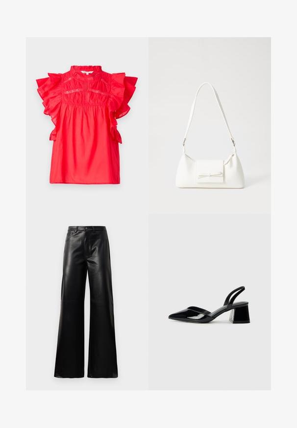 Red cotton top with ruffled short sleeves, round neck, and gathered texture. Features embroidered details along the front.; Black high-waist wide-leg faux leather pants with front button, zip closure, belt loops, and side pockets on white background.; Black patent leather slingback heels with a pointed toe and a geometric block heel. Features a sleek, minimal design and smooth texture.; White synthetic handbag with a triangular shape, flat front flap and bow detail, adjustable strap, smooth texture, and minimalistic design.
