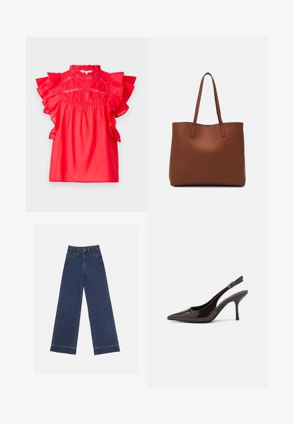 Rotes Baumwolloberteil mit gerafften kurzen Ärmeln, rundem Ausschnitt und geraffter Textur. Verfügt über gestickte Details entlang der Vorderseite.; Weite Jeans in dunkelblauem Denim. Verfügt über fünf Taschen, Gürtelschlaufen und einen rohen Saum am unteren Ende mit sichtbaren Nahtdetails.; Slingback-Pumps aus glänzendem dunklen braunen Lackleder, mit spitzer Zehenpartie, offenen Seiten und verstellbarem Knöchelriemen.; Braune Leder-Tote mit glatter Textur, offenem Oberteil und zwei Schulterriemen. Verfügt über minimale Nähte und keine sichtbaren Beschläge.