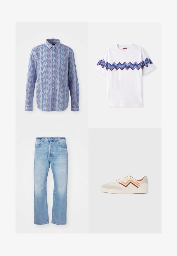 Suknelė su mygtukais, išsiskirianti mėlynos ir purpurinės zigzagų raštu bei vertikaliomis juodomis juostelėmis, ilgomis rankovėmis ir klasikiniu apykakle.; Balta medvilnės marškinėliai trumpomis rankovėmis su mėlynu ir purpuriniu zigzago raštu ant krūtinės. Standartinė apvalios iškirptės, laisvas kirpimas.; Šviesiai mėlyni džinsai su tiesiomis kojomis. Turintys subtilų blukimą, mygtuko uždarymą ir penkias kišenes su klasikiniu juosmeniu.; Šviesiai pilki zomšiniai sportbačiai su zigzagų raštais oranžinės, raudonmarškinių ir kreminės spalvų. Guminis padas, apvalus priekis ir akių raišteliai. Logotipas šone.