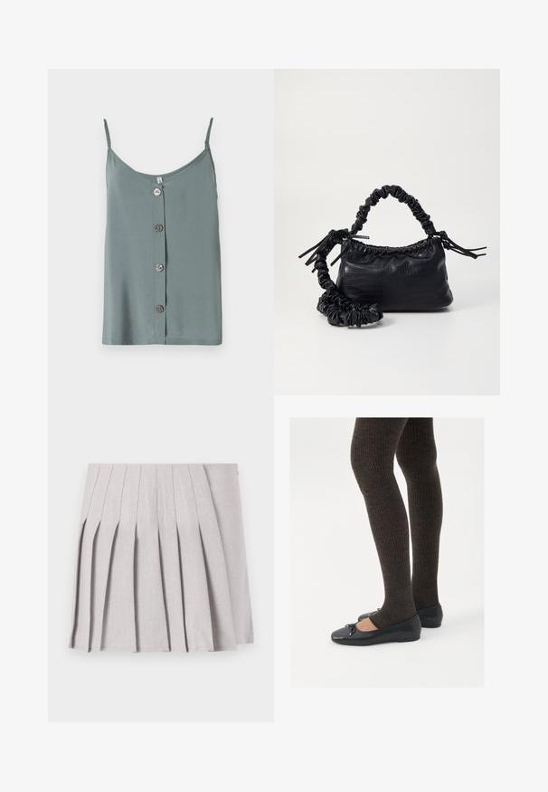 Top senza maniche di colore verde chiaro con scollatura rotonda e chiusura frontale con bottoni, dotato di cinque bottoni rotondi e lisci. Tessuto morbido con vestibilità comoda.; Gonna pieghettata grigia con una texture liscia, caratterizzata da molteplici pieghe verticali e una vita aderente. Realizzata in un tessuto leggero.; Scarpe nere a flat con un piccolo fiocco sulla punta, abbinate a collant a coste marrone scuro. Le scarpe hanno una texture liscia e un profilo basso.; Borsa a tracolla in ecopelle nera con texture a coccodrillo, apertura cinchata e tracolla arricciata. Si presenta con un design morbido e compatto.