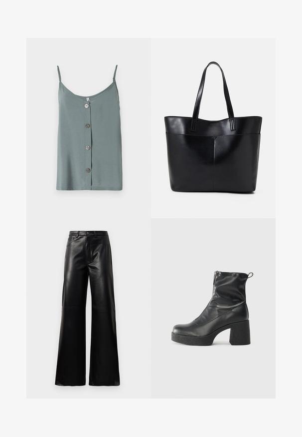 Ärmelloses, hellgrünes Top mit rundem Halsausschnitt und Knopfleiste vorne, die fünf glatte, runde Knöpfe aufweist. Weicher Stoff mit einem lockeren Schnitt.; Schwarze leichte, weit geschnittene, hochtaillierte Kunstlederhose mit vorderem Knopf, Reißverschluss, Gürtelschlaufen und Seitentaschen auf weißem Hintergrund.; Schwarze Stiefeletten aus glattem Leder mit seitlichem Reißverschluss, klobigem strukturiertem Absatz und runder Zehenform.; Schwarze Leder-Shopper-Tasche mit zwei langen Griffen, einer glatten Textur und einer strukturierten Form. Verfügt über eine Vordertasche für zusätzlichen Stauraum.
