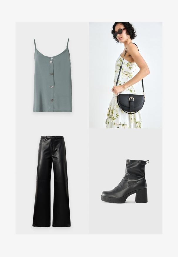 Bluză fără mâneci, de culoare verde deschis, cu decolteu rotund și închidere frontală cu nasturi, având cinci nasturi rotunzi și netezi. Material moale, cu o croială lejeră.; Pantaloni negri cu talie înaltă, largi, din piele sintetică, cu nasture frontal, închidere cu fermoar, bucle pentru centură și buzunare laterale pe fundal alb.; Bocanci negri de glezna din piele netedă, cu fermoar lateral, toc texturat și masiv, și design cu vârf rotund.; Geantă din piele neagră, cu o formă curbată, curea detașabilă și accesorii aurii. Geanta are un capac cu un detaliu tip cataramă.