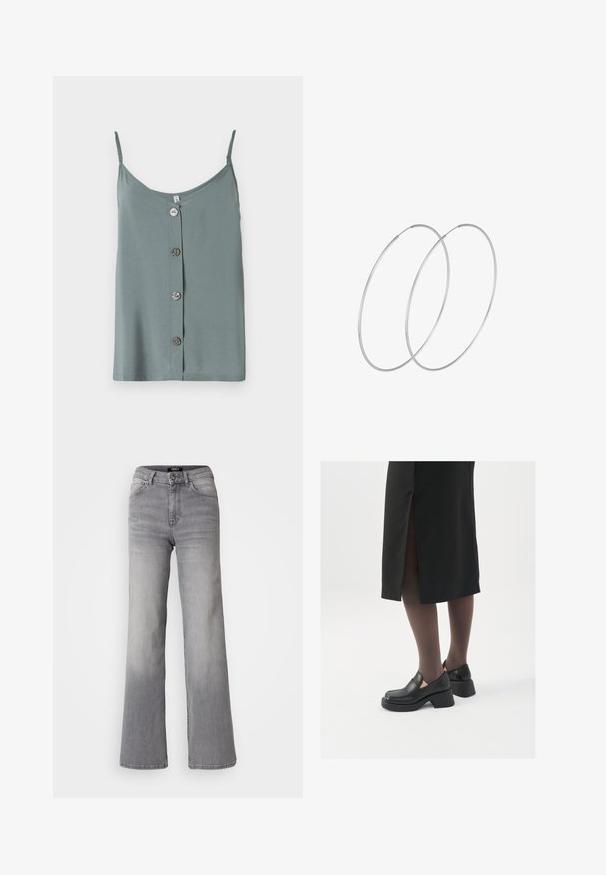 Bezrukavni, svijetlozeleni top s okruglim izrezom i prednjim kopčanjem s pet glatkih, okruglih gumba. Mekana tkanina s ležernim fitom.; Sive traperice visokog struka ravnog kroja, s prednjim gumbom i patentnim zatvaračem, prednjim i stražnjim džepovima te izblijedjelim nijansama na bedrima i listovima.; Crne kožne cipele s zaobljenim vrhom, debelim blok petama i elastičnim bočnim detaljima, uparene s tamnim čarapama i crnom suknjom s prorezom.; Srebrne okrugle naušnice s minimalističkim dizajnom. Kružni oblik, glatka tekstura i tanak profil. Lagane s poliranim završetkom.