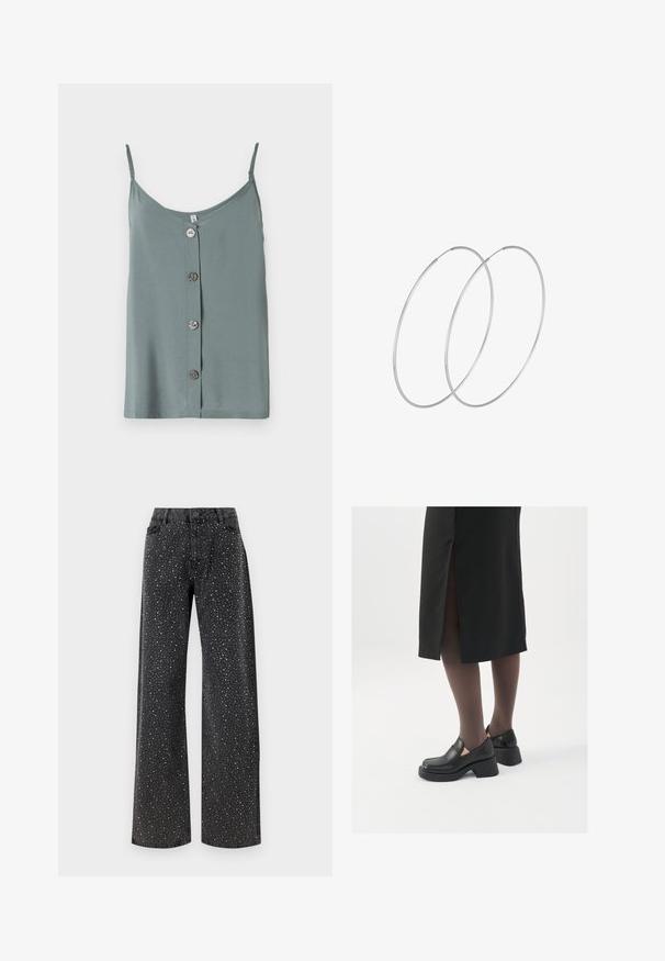 Ærmeløs, lysegrøn top med rund halsudskæring og frontknaplukning, der har fem glatte, runde knapper. Blødt stof med en afslappet pasform.; Noisy May NMJANNEL LOOSE - Jeans Relaxed Fit - black denim; Sorte lædersko med rund tå, kraftig blokhæl og elastiske sideaccentuer, parret med mørke strømpebukser og en sort nederdel med slids.; Sølvøreringe med et minimalistisk design. Cirkulær form, glat tekstur og tynd profil. Letvægtige med en poleret overflade.