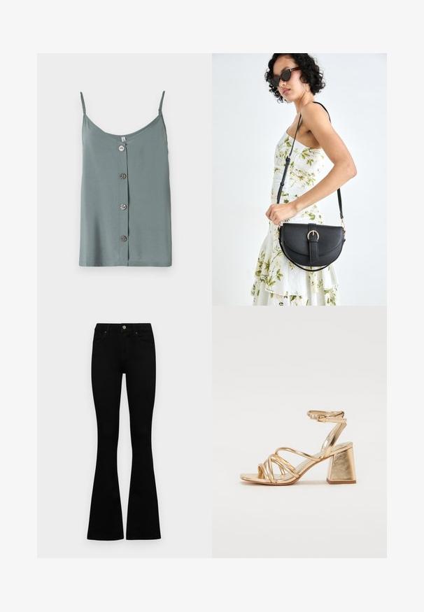 Ermeløs, lysegrønn topp med rund hals og frontlukking med fem glatte, runde knapper. Mykt stoff med en avslappet passform.; Sorte høytlivsjeans med knapp og glidelås, frontlommer og utsvingte bein liggende flatt på en hvit bakgrunn.; Gyldne metalliske hæle-sandaler med en strappy design, kvadratisk blokhælhæl og justerbar ankelrem med spænde. Glat tekstur.; Svart lærveske med en buet form, avtagbar stropp og gullbeslag. Vesken har et klaff med spenne-detall.