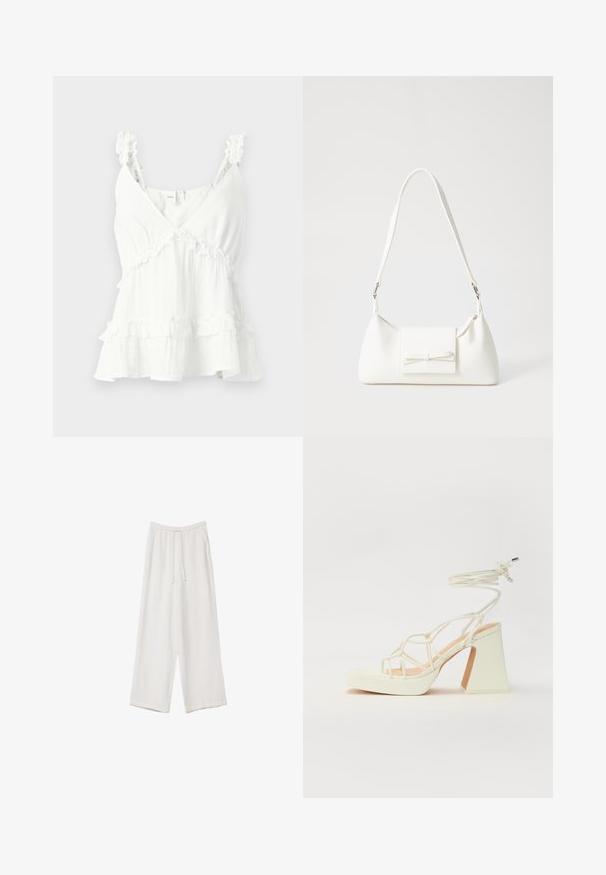 Bijela tkanina s volanima na naramenicama i slojevima, s V-izrezom i slobodnim krojem. Izrađena od laganog materijala, idealna za tople vremenske uvjete.; Bijele hlače širokih nogavica napravljene od lagane tkanine. Imaju elastičan pojas s ušicom i bočne džepove. Glatka tekstura.; Bijela sandala na visokoj potpetici s debelim petom, s remenom i vezanjem oko gležnja. Glatka tekstura s platformom sprijeda za dodatnu visinu.; Bijela sintetička torbica s trokutastim oblikom, ravnim prednjim poklopcem i detaljem u obliku mašne, podesivom remenom, glatkom teksturom i minimalističkim dizajnom.