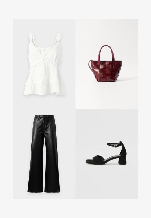 Valge kangas ülaosa, rüüside ja kihtidega, V-dekolteega ning lõdva istuvusega. Valmistatud kerge materjaliga, ideaalne sooja ilma jaoks.; Mustad talje laiad jalad kunstnahast püksid esipaneeli nööbi ja lukuga, vöödega ja küljetaskutega valge tausta peal.; Mustad nahast kontsad avatud varvastega, millel on õhuke pahkluu rihm ja tagasihoidlik plokkkonts. Sile tekstuur ja minimaalsed aksessuaarid.; Kootud burgundia nahast käekott, millel on kaks lühikest sangakäepidet ja eemaldatav õlavarre rihm. Omab struktureeritud kuju ja sujuvat tekstuuri.