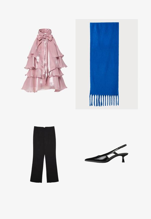 Layered pinkes Kleid mit glänzender Oberfläche, das Rüschenschichten und einen hohen Kragen aufweist, akzentuiert durch eine große Schleife am Hals.; Schwarze Hose mit geradem Schnitt, ausgestattet mit Fronttaschen und Seitenschlitzen am Saum. Hergestellt aus weichem, glattem Stoff. Geeignet für verschiedene Anlässe.; Schwarze Lackleder-Slingback-High Heels mit spitzer Zehenform, ausgeschnittenem Seitendesign und kleinem Blockabsatz. Glatte Textur mit minimalen Akzenten.; Blauer gefranster Schal aus weichem Stoff; hat eine einfarbige Oberfläche mit strukturierter Textur und gleichmäßig geschnittenem Fransen am unteren Ende.; Schwarze Lederhandtasche mit strukturiertem Design, oberem Griff und einem goldenen Metallschnappverschluss auf der Vorderseite. Glatte Textur, minimale Nähte.