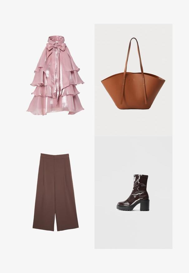 Gelaagde roze jurk met een glanzende afwerking, met gerimpelde lagen en een hoge kraag, verfraaid met een grote strik bij de hals.; Bruine wijde broek met een gladde textuur, voorzien van een hoge taille en plooien aan de voorkant. De stof is lichtgewicht en valt losjes.; Glanzende bordeauxrode enkelboot met een chunky zwarte hak, met een gladde textuur en een eenvoudig ontwerp. Geen zichtbare sluitingen of patronen.; Bruine lederen totebag met een brede, gestructureerde vorm, dunne handvatten en een gestructureerde afwerking. Kenmerkt zich door een minimalistisch ontwerp zonder zichtbare hardware.