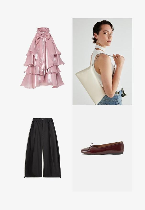 Kerudung pink berlapis dengan permukaan mengkilap, menampilkan tingkat berenda dan kerah tinggi, dihias dengan pita besar di leher.; Musta leveälahkeinen housu korkean vyötärön kanssa, jossa on laskokset, etupainike ja kaksi sivutaskua. Valmistettu tekstiilistä, jossa on tekstuurinen pinta.; Burgundin värinen lakattu nahkainen ballerinatossu pyöreällä varvaskärjellä, pienen nauhan yksityiskohdalla edessä ja matalalla mustalla kumipohjalla. Sujuva pinta.; Valkoinen suorakulmainen clutch-laukku, joka on valmistettu kiiltävästä materiaalista ja jossa on hopeinen ketjuolkahihna. Malli poseeraa laukku käsivarsillaan yksinkertaista taustaa vasten.