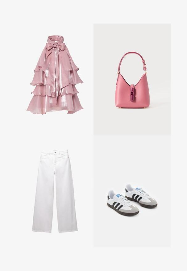 Vrstva ružová toaleta s lesklým povrchom, s volánovými vrstvami a vysokým golierom, doplnená veľkou mašľou na krku.; Biele široké džínsy vyrobené z denimu. Obsahujú zapínanie na gombík, predné a zadné vrecká a prešité švy. Hladká textúra s minimálnym zdobením.; Športové topánky s bielym koženým zvrškom, šedou semišovou špičkou a tromi čiernymi pruhmi. Obsahujú modré logo na jazyku a štruktúrovanú gumovú podrážku.; Ružová kožená kabelka so štruktúrovaným tvarom, vybavená lesklým zatváraním a jedným nastaviteľným popruhom. Textúrovaný povrch s zlatými kovovými detailmi.
