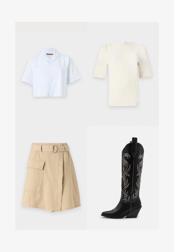 Világoskék, vékony fehér csíkos, rövid ujjú, cropped ing, gombos zárással és széles gallérral. Könnyű anyagból készült.; Rövid ujjú, krémszínű blúz texturált hullámmintával. Kerek nyakú és finoman gyűrött részletekkel az ujjaknál. Könnyű anyag.; Beige pamut szoknya oldalsó zsebbel, övvel ellátott derékkal, ezüst gyűrűvel, és enyhén A-vonalú szabással. Simogatós textúra és egyszerű dizájn.; Fekete bőr cowboy csizmák hegyes orral, wedge sarkakkal és ezüst hímzett virágmintákkal a szár mentén. Kontraszt varrás az egész csizmán.