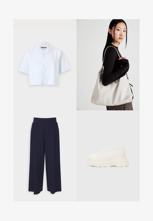 Camisa de manga curta, cortada, em azul claro com finas riscas brancas, com fecho de botões e colarinho aberto. Feita de tecido leve.; Calças largas em tecido azul-marinho escuro com uma textura ribada. Apresenta uma cintura suave e uma silhueta fluida, atingindo o comprimento até metade da panturrilha.; Sapatilhas brancas em lona com sola espessa, biqueira arredondada e cinco ilhós para atacadores. Laço traseiro para calçar facilmente. Textura suave, design minimalista.; Uma bolsa bege feita de material macio, com um design descontraído, detalhes de costura e duas alças para o ombro. Adequada para uso diário.