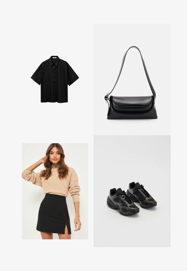Black short-sleeve shirt made of lightweight fabric, featuring a button-down front and a classic collar design. Plain texture with no patterns.; Beige knit sweater with ribbed cuffs paired with a black mini skirt featuring a side slit. The outfit has a relaxed yet fitted silhouette.; Black athletic shoes with synthetic material, mesh accents, and rounded soles. Features lacing system and prominent Nike logo on tongue.; Black leather handbag with a structured shape, a smooth texture, and a single shoulder strap. Features a subtle, rounded flap design.; Silver Casio quartz watch with rectangular face, analog and digital displays, stainless steel bracelet, and water-resistant features.