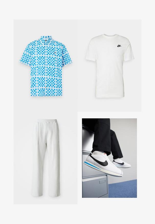 Korte mouw overhemd in lichtblauw met een geruit patroon, voorzien van witte accenten en een oranje knoop nabij de sluiting. Gemaakt van lichtgewicht stof.; Witte katoen t-shirt met korte mouwen, ronde halslijn en een zwart Nike-logo op de linkerborst. Soepele textuur en klassieke pasvorm.; Witte casual broek met een elastische tailleband en grote voorzakken, weergegeven op een effen lichte achtergrond.; Witte leren sneakers met een zwarte Nike swoosh, lichtblauwe en grijze rubberen zool, en een klassiek vetersluiting ontwerp. Voeten rustend op een archiefkast.