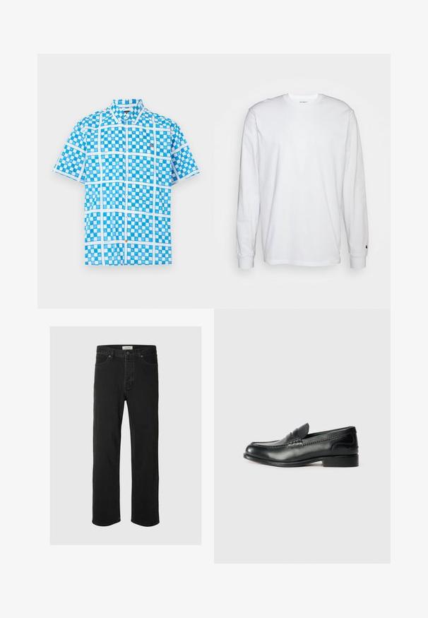 Kurzärmliges Hemd in Hellblau mit kariertem Muster, das weiße Akzente und einen orangen Knopf in der Nähe der Knopfleiste aufweist. Hergestellt aus leichtem Stoff.; Weißes Langarm-T-Shirt aus Baumwolle. Rundhals-Design mit gerippten Bündchen und kleinem Logo auf dem linken Ärmel. Glatte Textur.; Schwarze Denim-Jeans im Straight-Leg-Schnitt verfügen über ein klassisches Fünf-Taschen-Design mit Knopfverschluss, minimaler Naht und einer weichen Textur.; Schwarze Lederloafers mit glatter Oberfläche, gesteppten Details über dem Vorderblatt und einem leicht erhöhten Absatz.